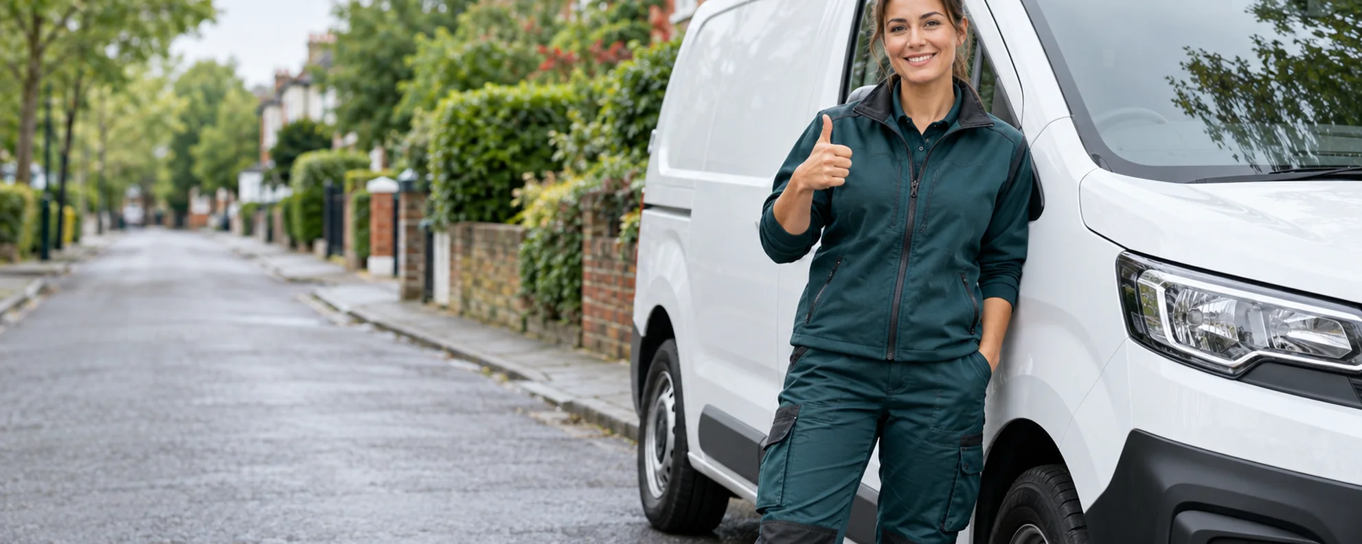Illustrative AI-generated image of a multi-trade worker beside an unbranded white work van, giving a thumbs-up.