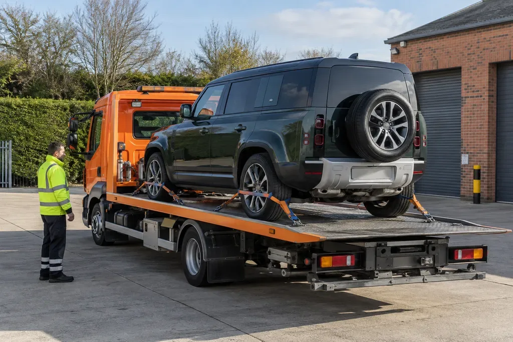Four-wheel-drive SUV safely secured on a recovery truck