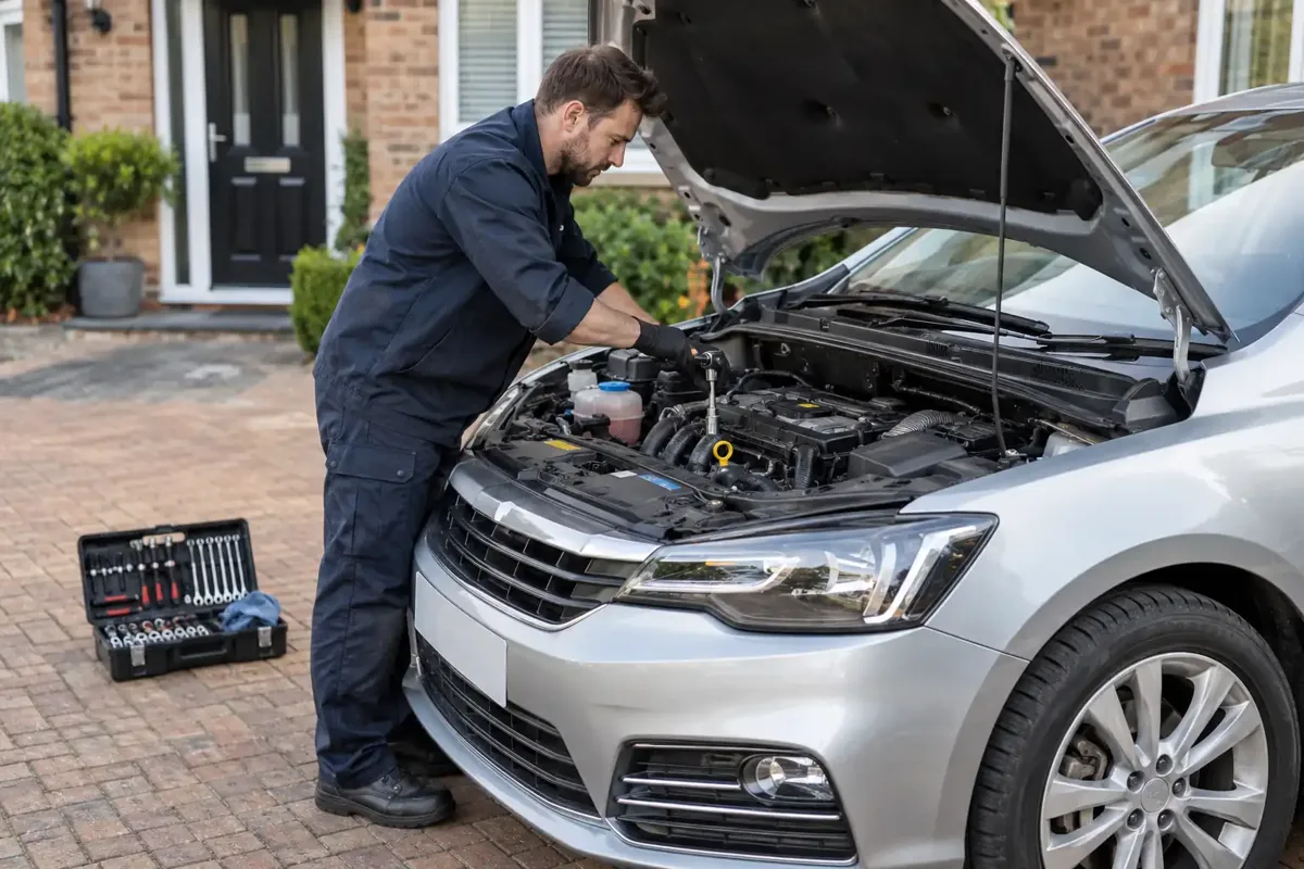 Mobile car repair on a residential driveway