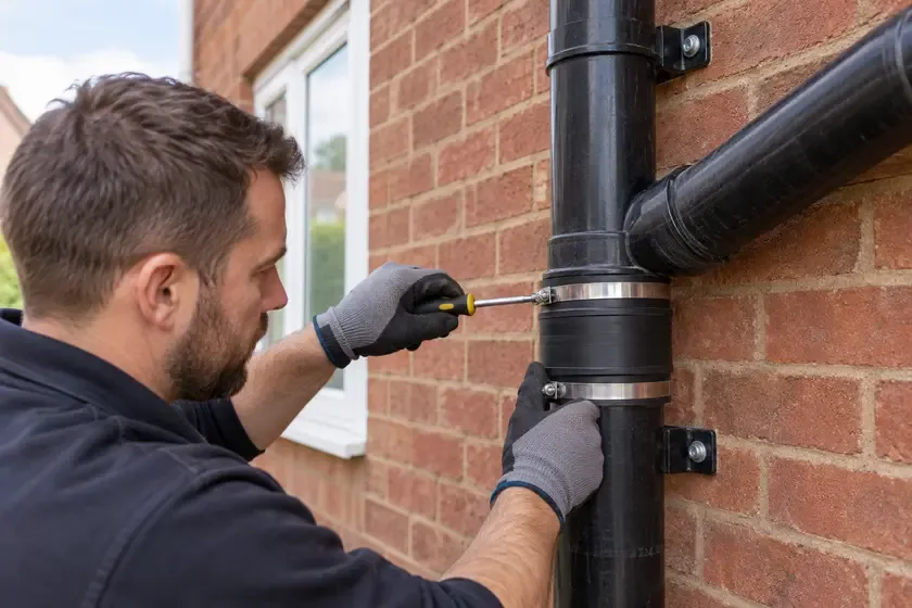 Plumber repairing a vertical soil stack at ground-accessible height.