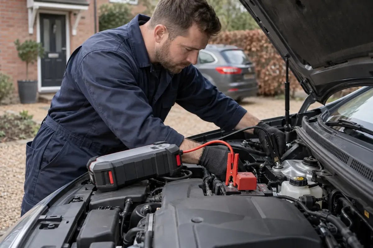 Portable jump starter connected safely to a parked car