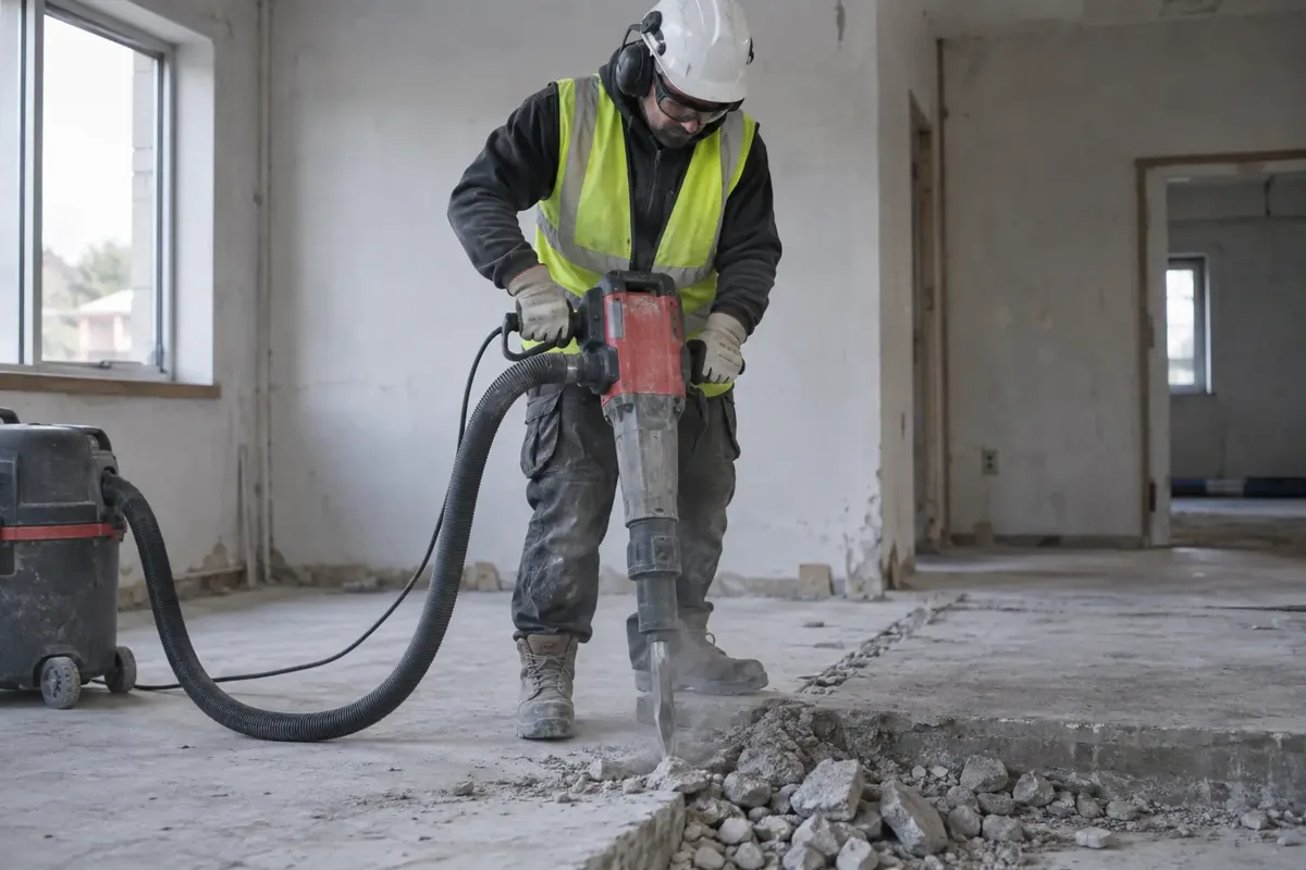 Construction worker in hard hat, hearing protection, goggles, gloves and boots operates an electric demolition breaker vertically into an old concrete floor slab. Broken concrete pieces and clear cut boundary visible, dust extraction hose, simple empty building interior.