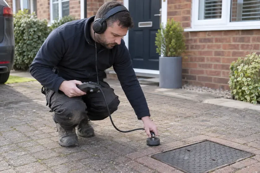 Technician using an acoustic ground sensor to locate an underground leak.