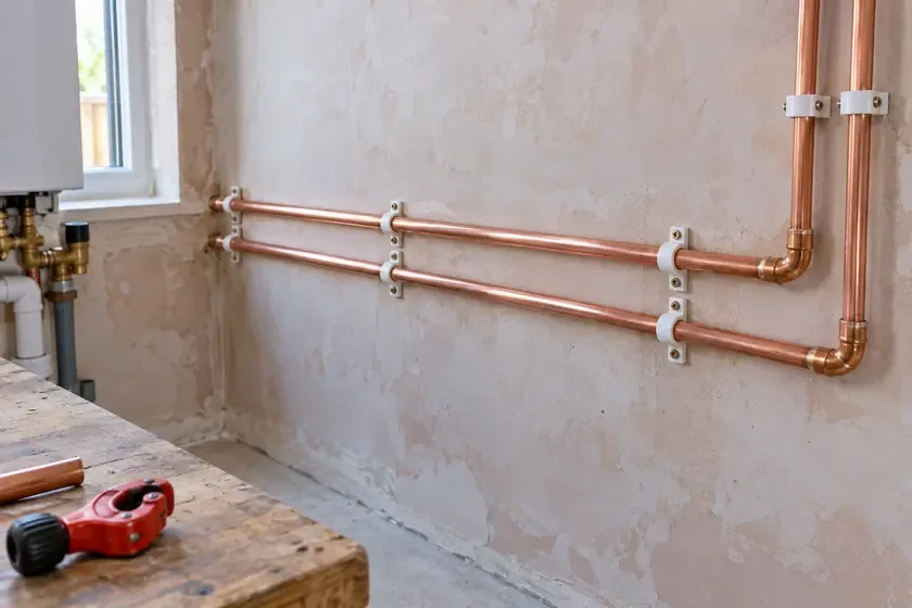 New copper water supply pipes installed along a utility-room wall.