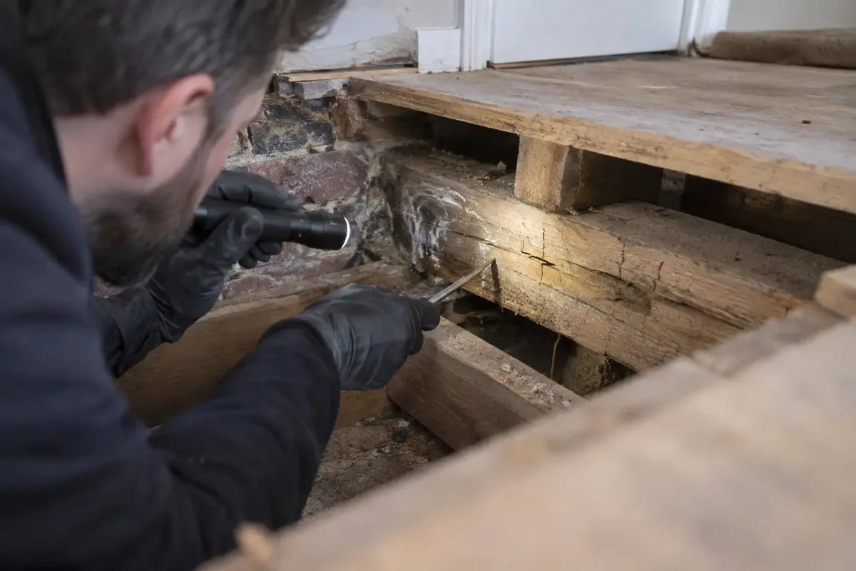 Specialist in gloves examining an exposed timber joist with cuboidal cracking and a small patch of white fungal strands at a masonry junction beneath lifted floorboards. Inspection probe and torch make suspected fungal timber-decay assessment clear, realistic restrained damage.