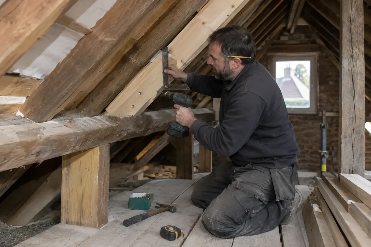 Carpenter repairing a damaged structural timber roof frame inside an attic, checking a new timber splice alongside an old rafter using a square and drill. Sloped rafters and supporting beams unmistakable, stable boarded work area, no unsafe balancing.