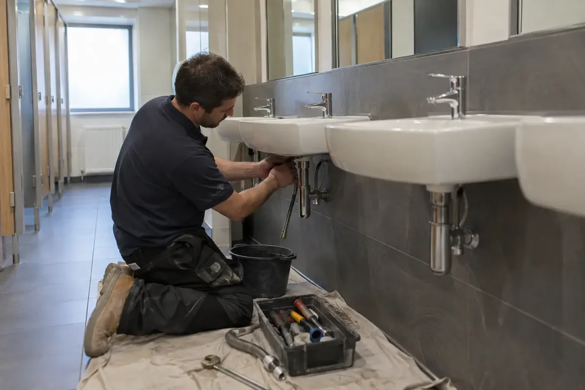 Commercial washroom fitter installing a basin mixer in a row of durable wall-mounted washbasins in a public office washroom. Multiple basins and cubicle doors visible, underside connection being checked, neat protected floor.