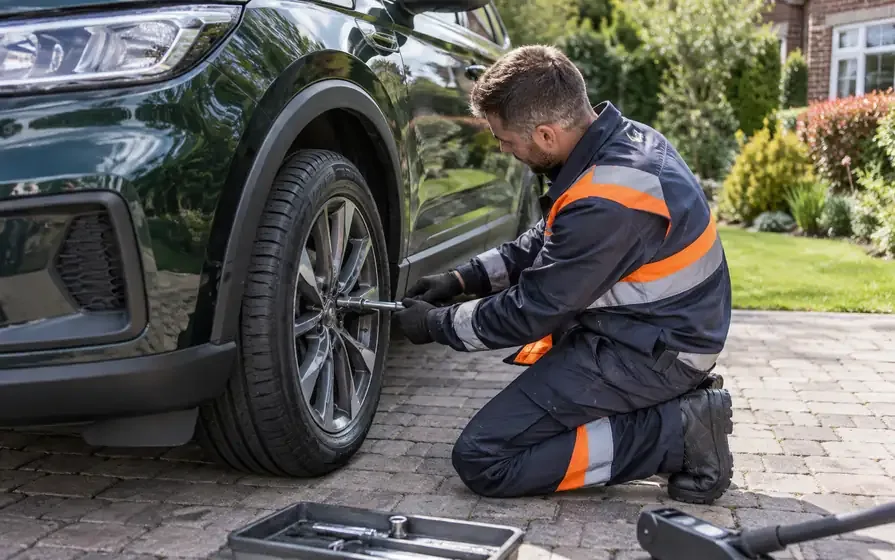 Technician working on the front wheel of a green SUV