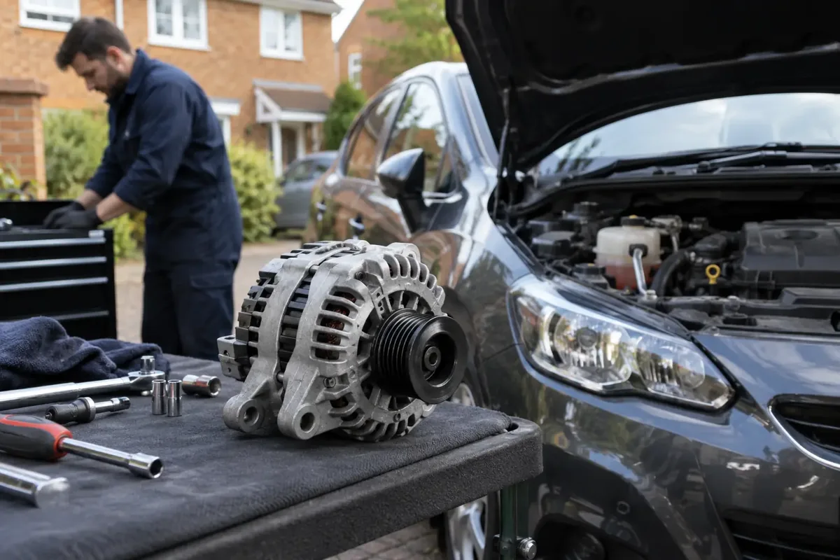 Replacement alternator on a workbench beside a car