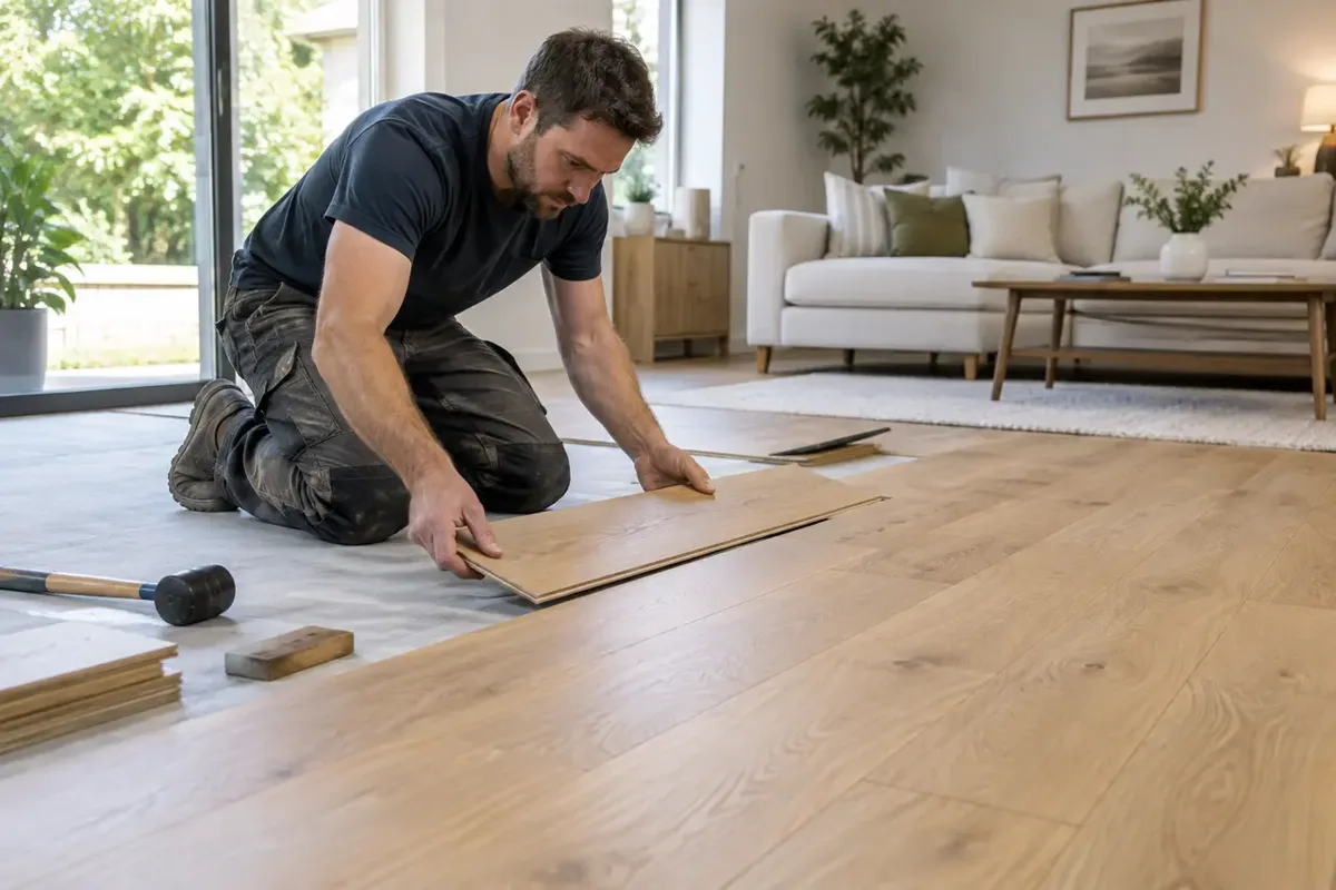 Carpenter building a timber garden deck