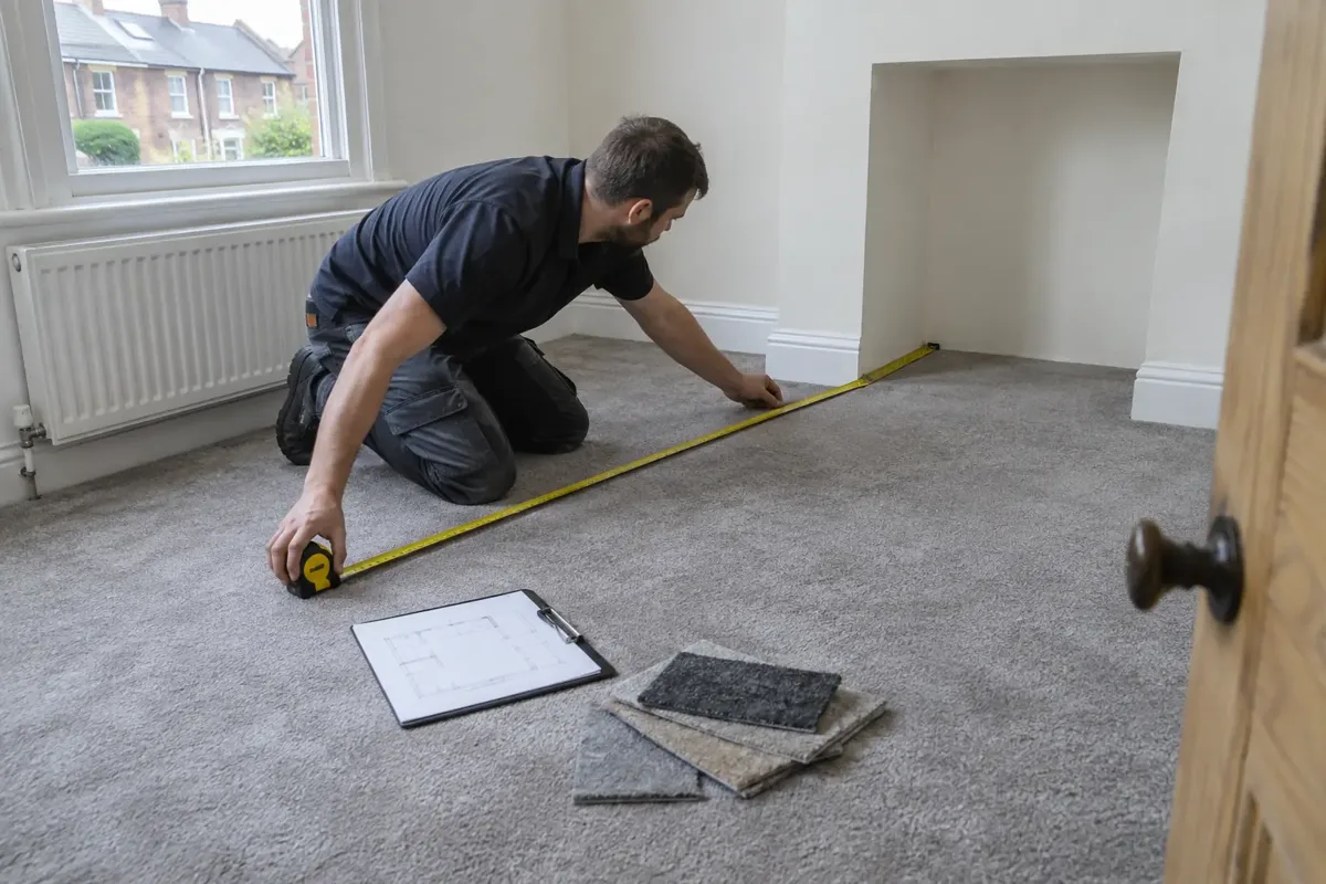 Carpet fitter measuring an empty room's floor and alcove using a long tape measure stretched across the floor, kneeling with a small room sketch on clipboard beside carpet swatch samples, no readable writing.