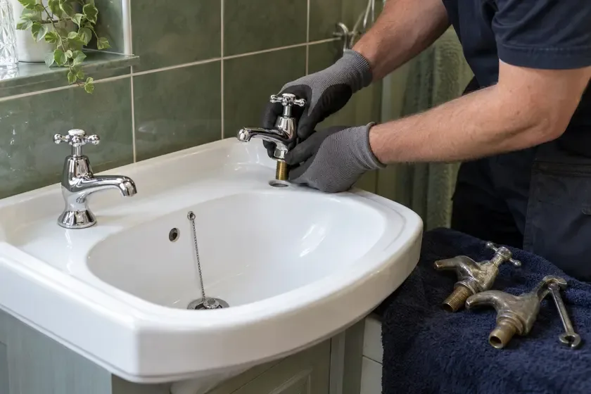 Plumber fitting a replacement chrome pillar tap to a bathroom basin.