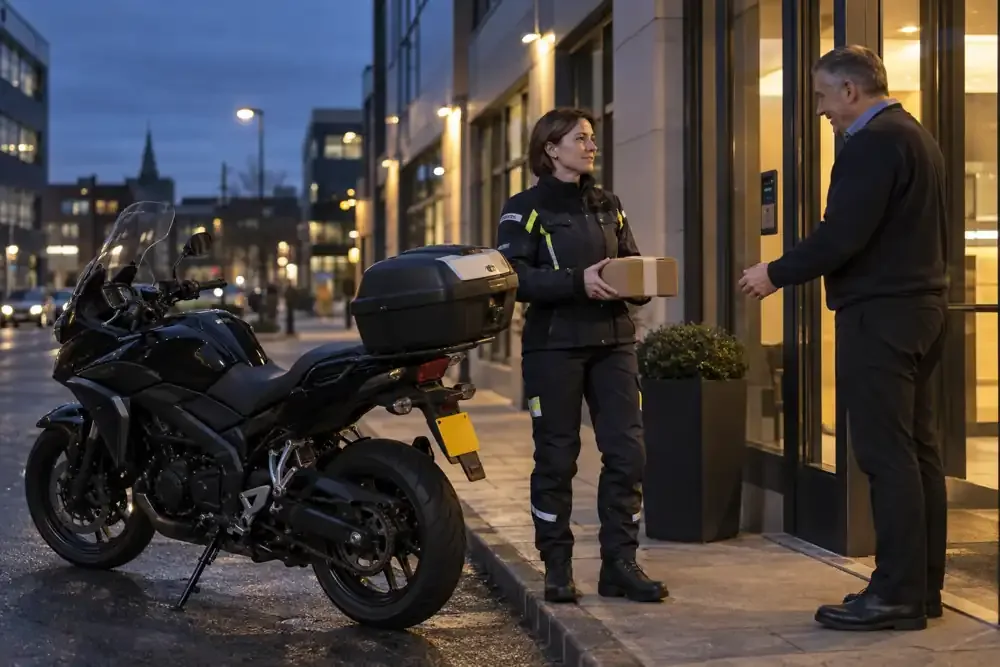 a motorcycle courier preparing or handing over a suitable consignment