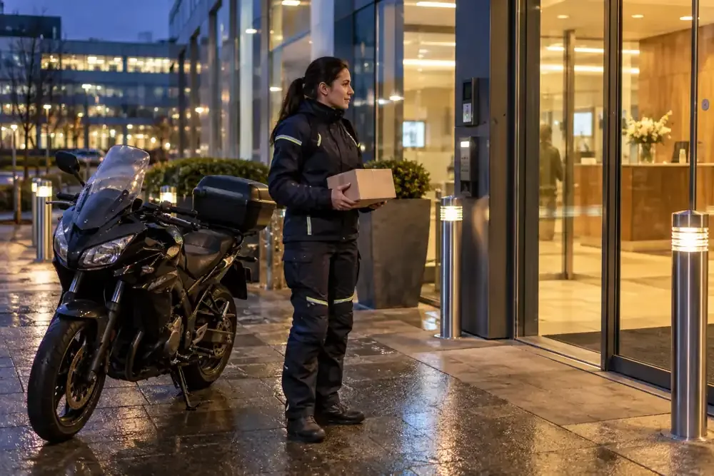 a motorcycle courier preparing or handing over a suitable consignment