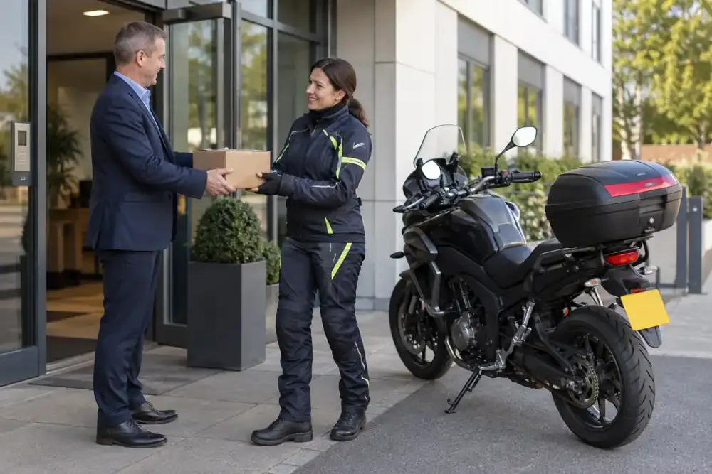 a motorcycle courier preparing or handing over a suitable consignment