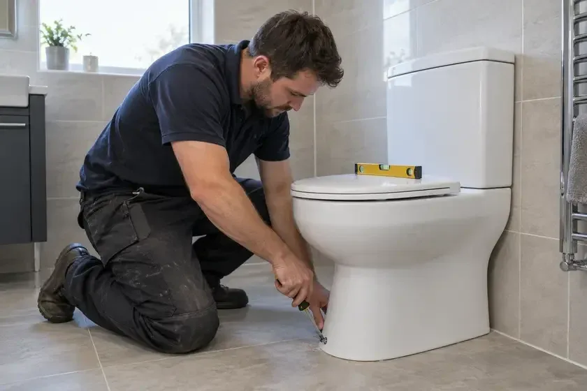 Plumber fixing a toilet base to the bathroom floor