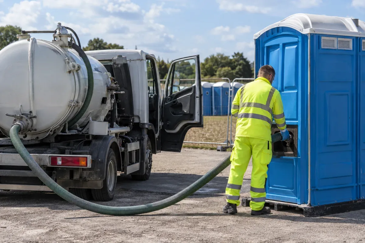 Illustration of a sanitation worker connecting a waste-service hose to a portable toilet