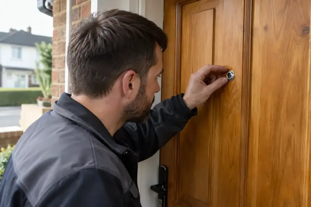 Technician checking a door viewer lens on a solid timber front door.