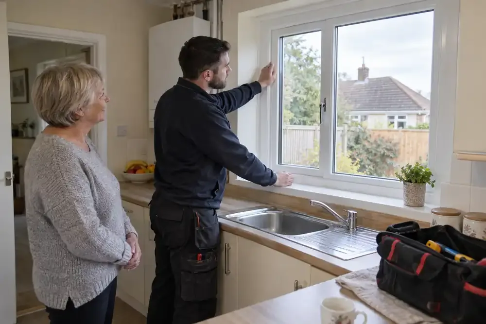 Technician inspecting completed kitchen glazing with a homeowner