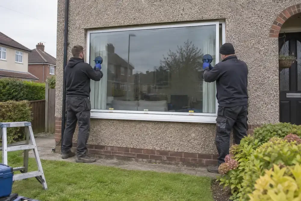Glaziers replacing a sealed double glazed living-room window unit