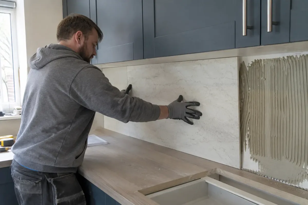 Kitchen fitter positioning a large pale stone-effect splashback panel between worktop and wall cabinets beside visible adhesive.