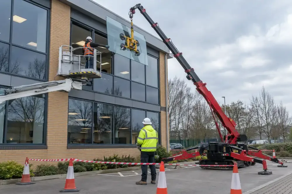 Team replacing an elevated office window using a work platform and vacuum lifter