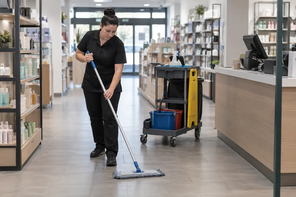 Commercial cleaner damp-mopping the floor of an empty contemporary UK shop beside display shelves and checkout counter, with a neat cleaning trolley. No shoppers, no readable product labels.