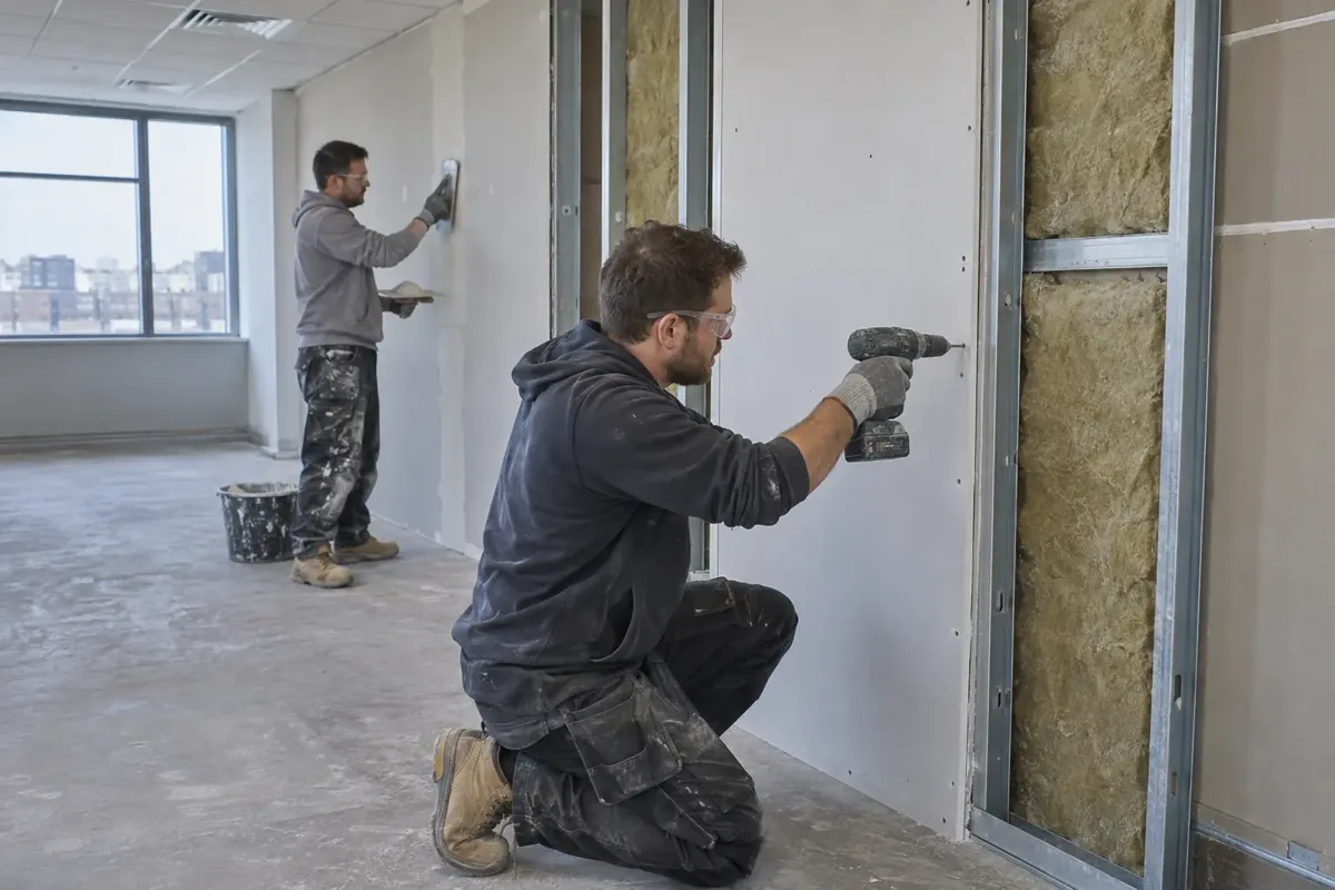 Two dry-lining contractors fitting an acoustic plasterboard partition inside an empty commercial office: foreground worker fastening a dense board panel with a screw gun to metal studs, exposed acoustic mineral wool and double-layer board edges clearly visible; second worker skims adjacent installed board with plaster trowel; appropriate gloves, goggles and work boots.