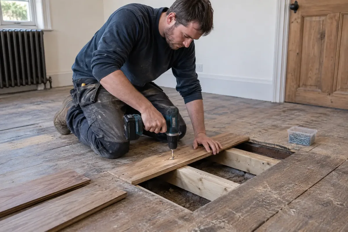 Carpenter repairing timber floorboards with a small section lifted to reveal joists and new timber support beneath, fitting a replacement floorboard over repaired support, safe cordless drill, clean domestic room.