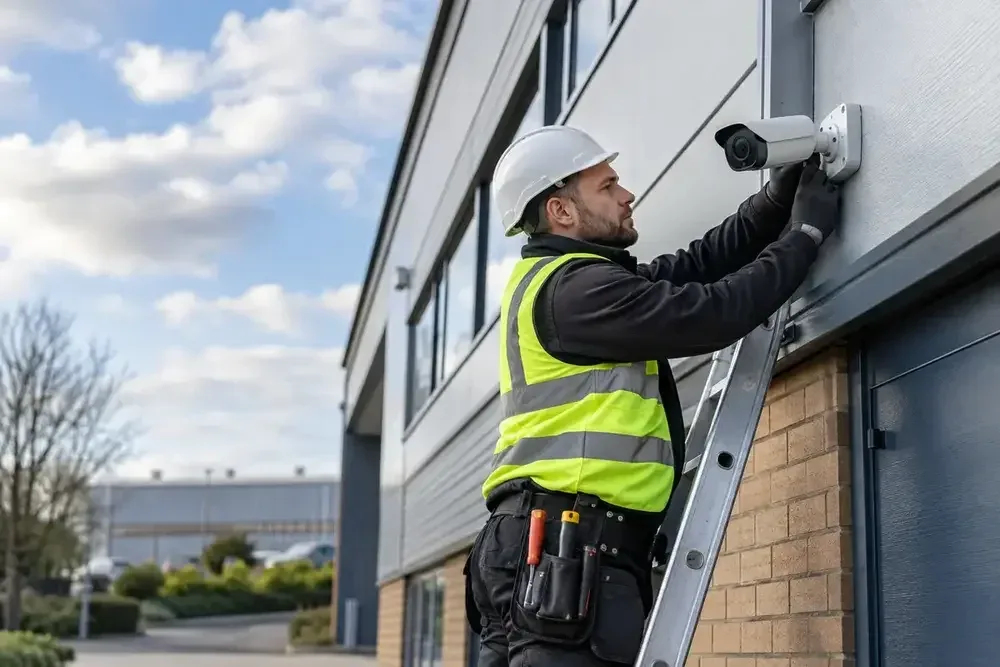 Technician fitting a bullet CCTV camera high on a building wall