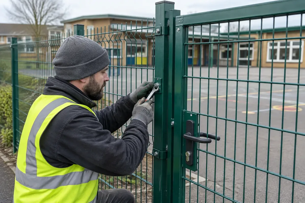 Installer in gloves bolting a green welded-wire mesh fence panel to green posts around a quiet school playground, school building softly behind, no children, clearly visible rectangular mesh and secure gate.