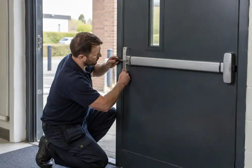 Technician checking horizontal panic bar inside commercial exit door.
