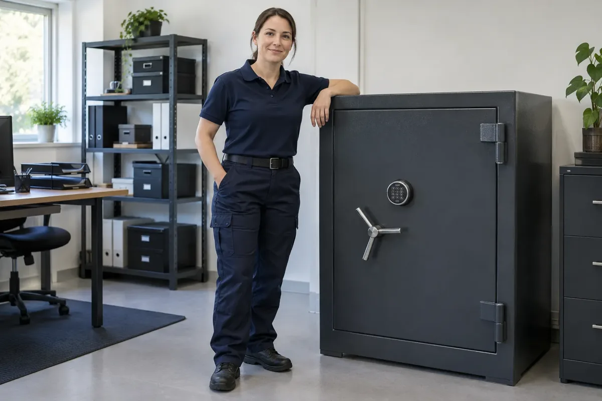 Technician beside a large commercial safe