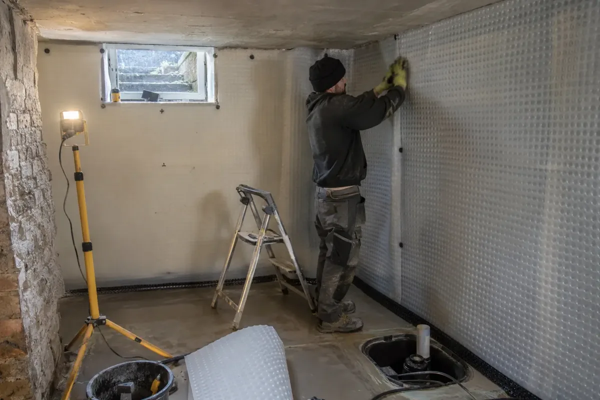 Builders fitting waterproof lining in a clearly below-ground basement conversion, low cellar ceiling, small high-level lightwell window, sealed floor and sump corner. Worker applying wall membrane, safe task lighting and appropriate PPE.