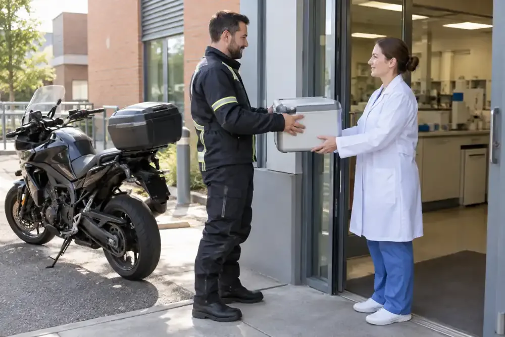 a motorcycle courier preparing or handing over a suitable consignment