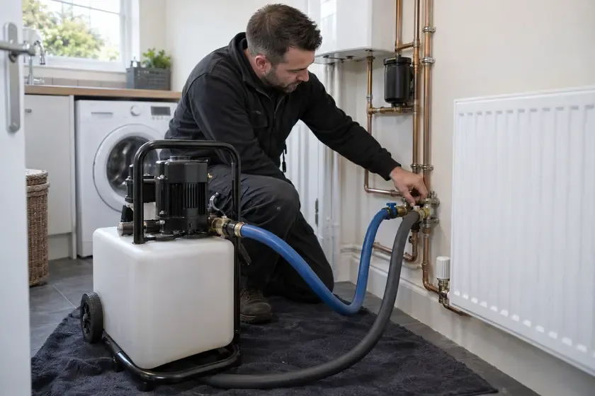 Engineer checking the hoses of a central heating power flushing machine.