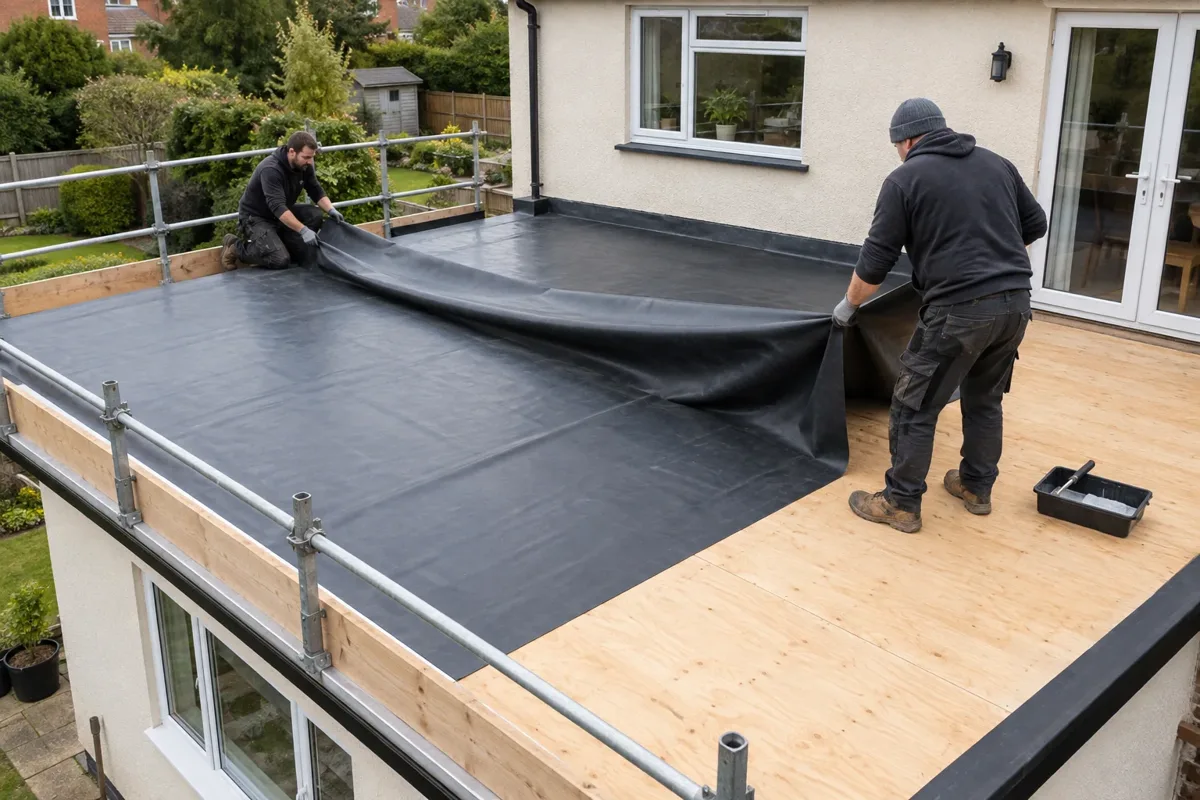 Roofer laying a rubber membrane sheet on an extension roof deck
