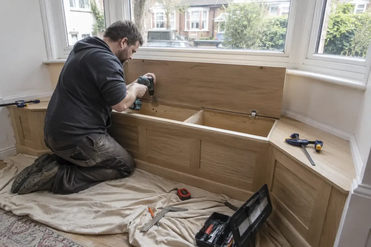 Carpenter building a fitted timber window seat in a bay window, fastening the hinged storage lid above a sturdy built-in base. Window, bench seat and storage cavity clearly recognizable, clamps and hand tools nearby.