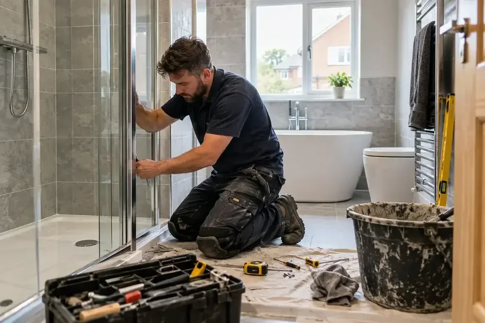 Bathroom fitter securing a glass shower enclosure