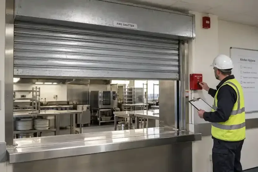Engineer recording an inspection of a service-counter fire shutter