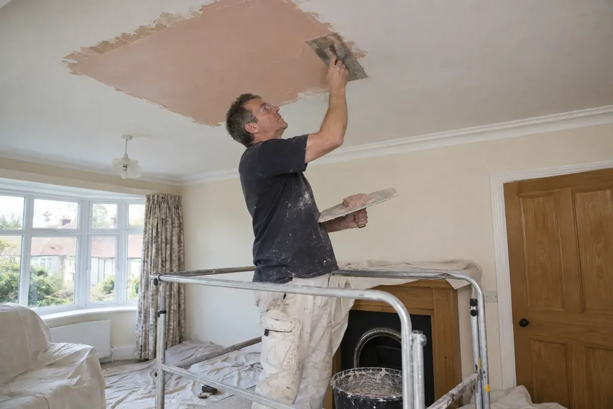 A plasterer repairing and skimming a clearly visible rectangular damaged ceiling patch with a steel finishing trowel and hawk, surrounding ceiling intact, fresh pink plaster patch, standing on stable guarded platform, safety glasses and floor dust sheets.