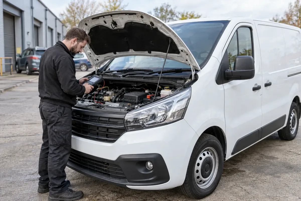 Auto electrician checking the electrical system of a white van.