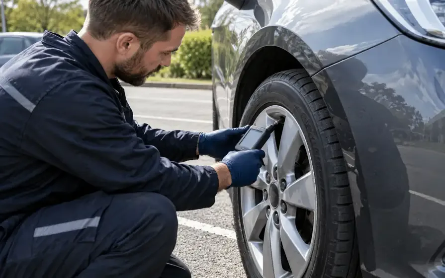 Technician holding a tyre-pressure diagnostic reader beside a car wheel