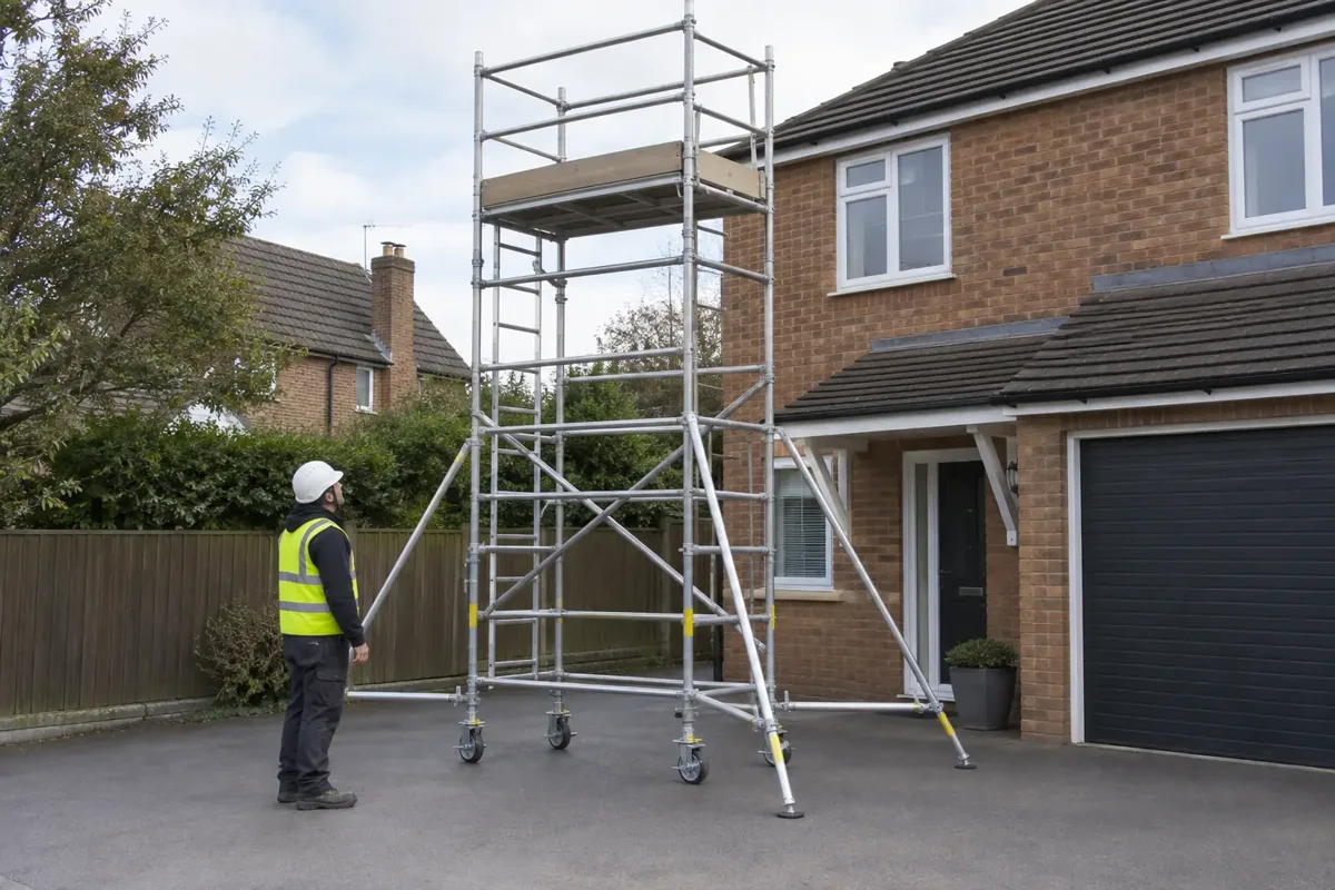 A complete mobile aluminium access tower ready for hire at a British property, level firm paved surface, four locked castor wheels, four extended stabiliser outriggers, internal ladder, fully boarded top platform with toe boards and full guardrails; one helmeted worker inspecting at ground.