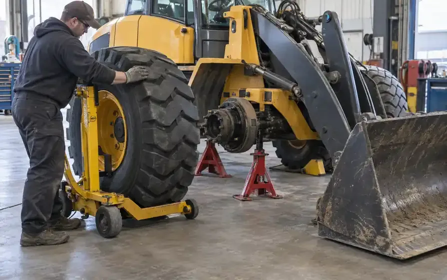 Technician positioning an industrial loader wheel on a trolley beside its securely supported axle.