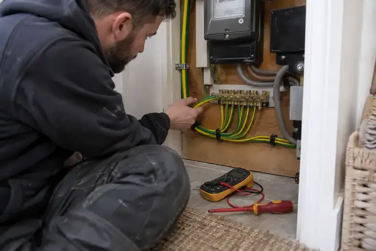 Electrical earthing repairs: a professional electrician assessing or carrying out the electrical work.