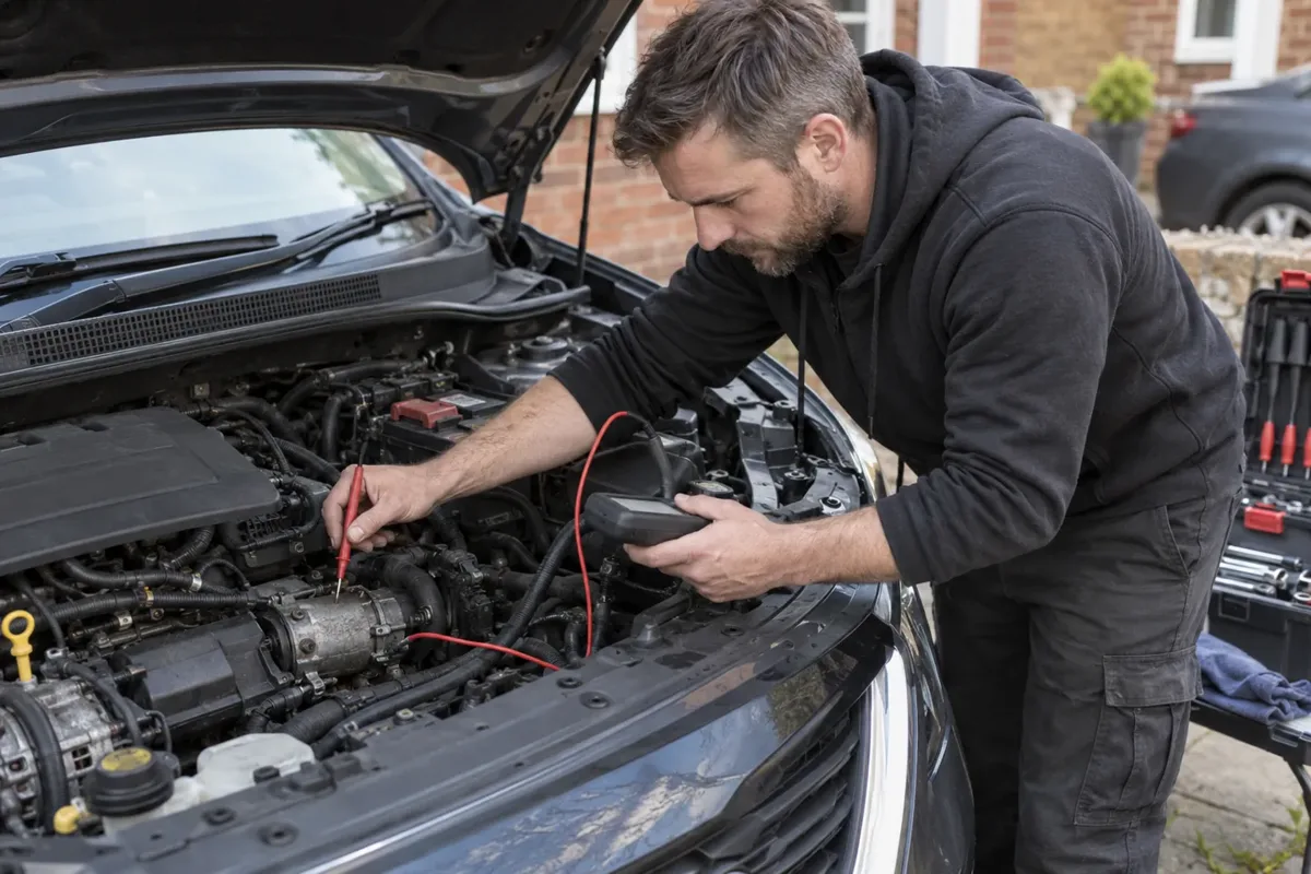 Technician testing the starting circuit in a car engine bay.