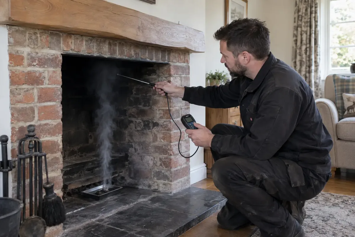 Chimney technician watches a small controlled test-smoke plume being drawn from a smoke pellet tray into a cold open fireplace flue, holding a compact draught gauge probe beside the opening. Clean UK living room, clear diagnostic procedure, no flames or room full of smoke.