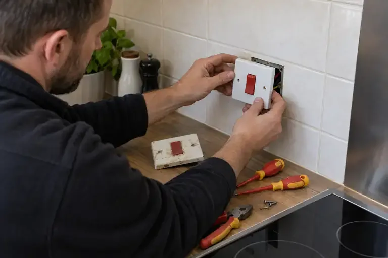 Cooker switch replacement: a professional electrician assessing or carrying out the electrical work.