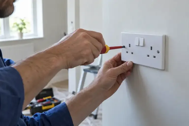 Socket replacement: a professional electrician assessing or carrying out the electrical work.